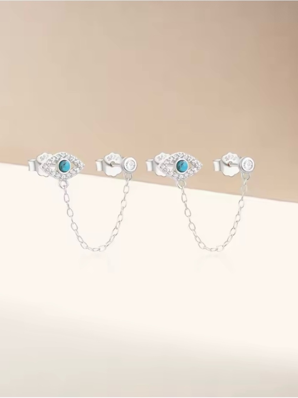 925 Sterling Silver Turquoise Evil Eye Double-Stud Chain Earrings - Picture 3 of 4